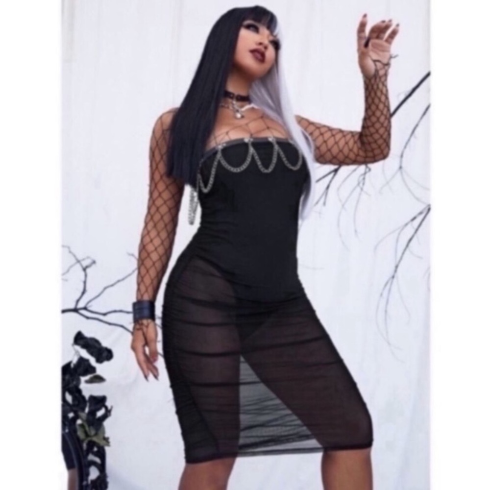 PLUS  BODY SUIT W/  SHEER STRAPLESS MIDI BODY CON DRESS OVERLAY,
